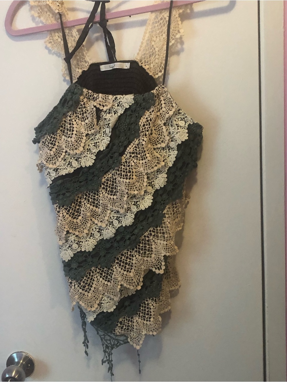 hazel Crochet Halter Camisole in Cream and Dark Green